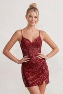 Sparkly Burgundy Bodycon Sequins Mini Party Dress With Appliques | KISSPROM