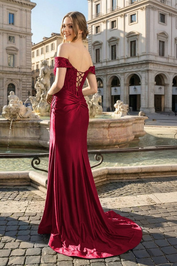 Mermaid Off the Shoulder Satin Prom Dress with Slit, Red / 10 Mermaid Off the Shoulder Satin Prom Dress with Slit, Red / 10