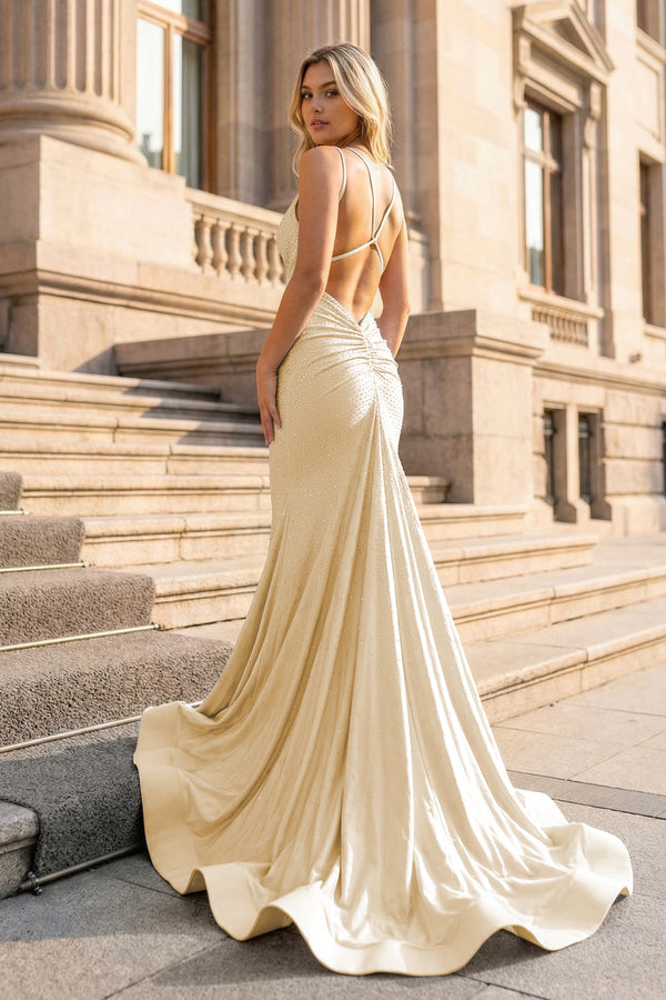 Mermaid V Neck Beaded Satin Prom Dress - KISSPROM PROM DRESSES