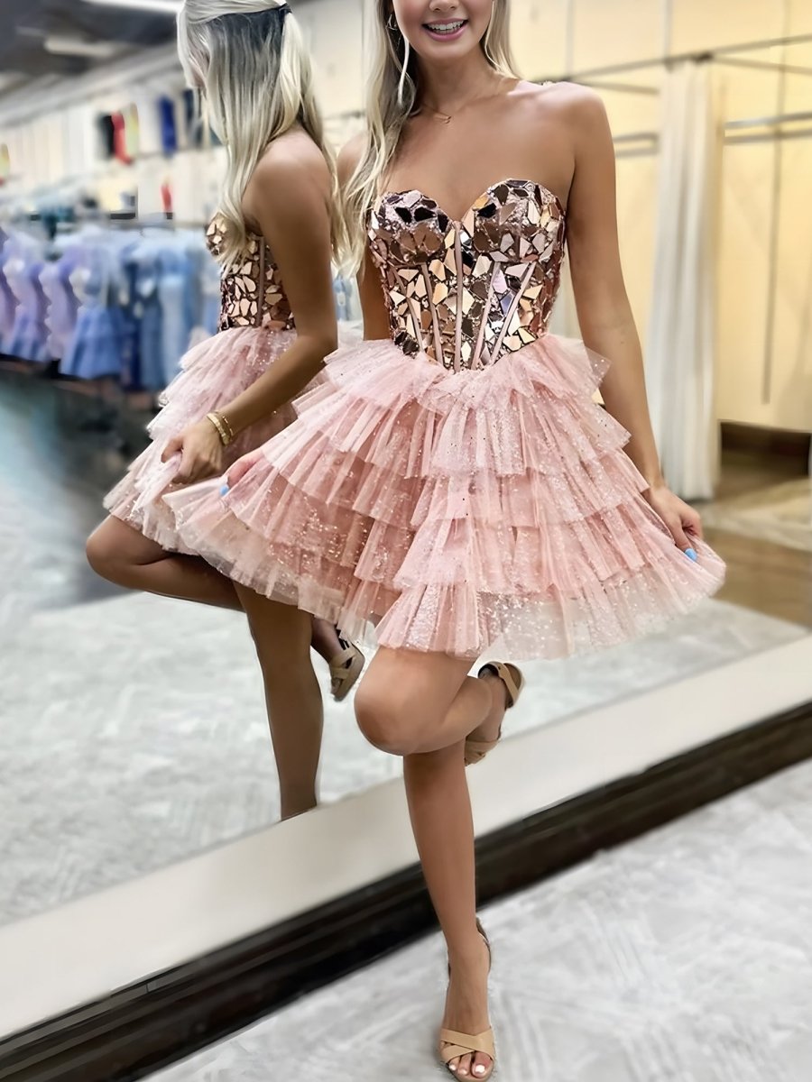 Sparkly Champagne Sweetheart A-Line Tulle Tiered Homecoming Dress