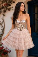 Sparkly Champagne Sweetheart A-Line Tulle Tiered Homecoming Dress- KissProm