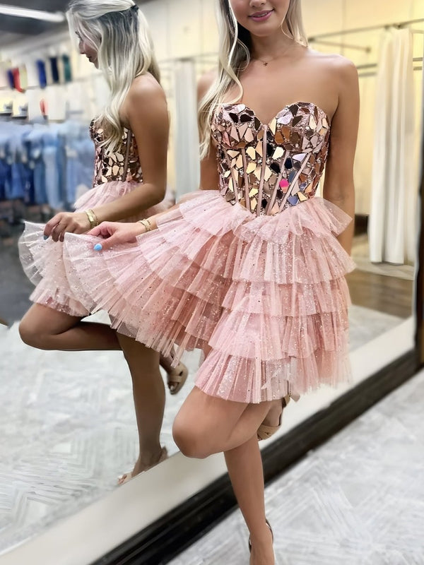 Sparkly Champagne Sweetheart A-Line Tulle Tiered Homecoming Dress