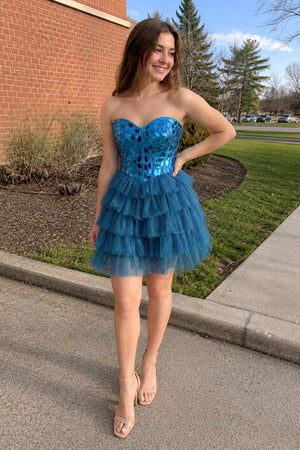 Sparkly Champagne Sweetheart A-Line Tulle Tiered Homecoming Dress- KissProm
