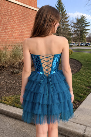 Sparkly Champagne Sweetheart A-Line Tulle Tiered Homecoming Dress- KissProm