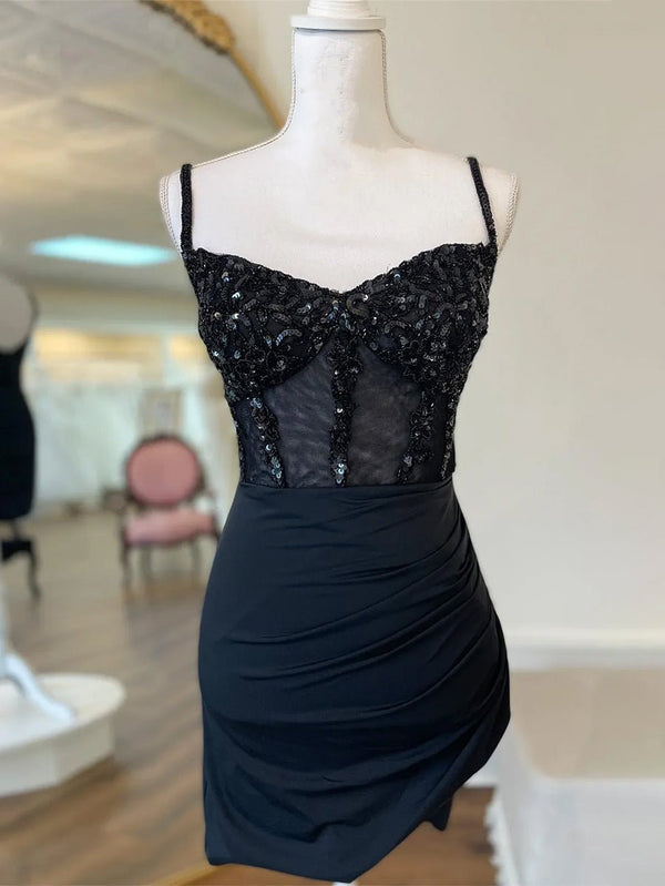 Heahter | Sparkly Black Corset Sequin Tight Homecoming Dress