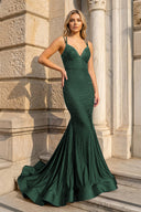 Mermaid V Neck Beaded Satin Prom Dress - KISSPROM PROM DRESSES