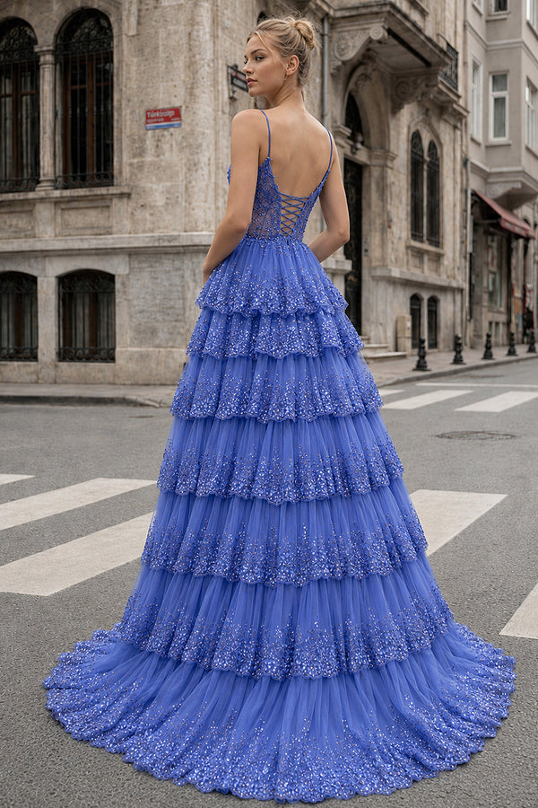 A Line Spaghetti Straps Tiered Lace Prom Dress - KissProm