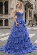 A Line Spaghetti Straps Tiered Lace Prom Dress - KissProm