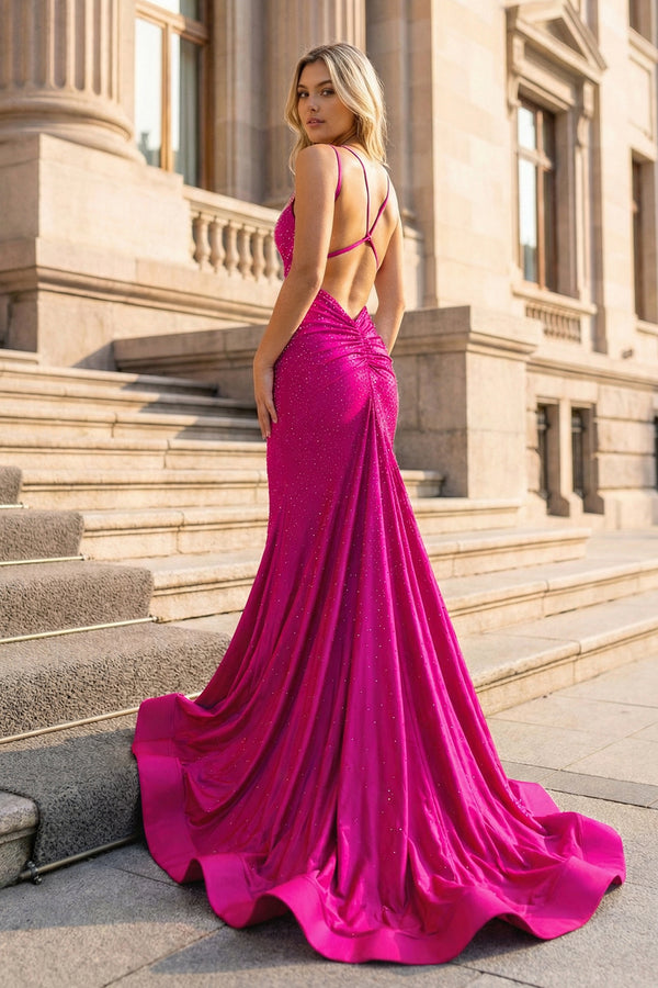 Mermaid V Neck Beaded Satin Prom Dress - KISSPROM PROM DRESSES