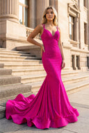 Mermaid V Neck Beaded Satin Prom Dress - KISSPROM PROM DRESSES