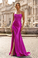 Sheath Strapless Corset Satin Prom Dress with Slit - KISSPROM PROM DRESSES