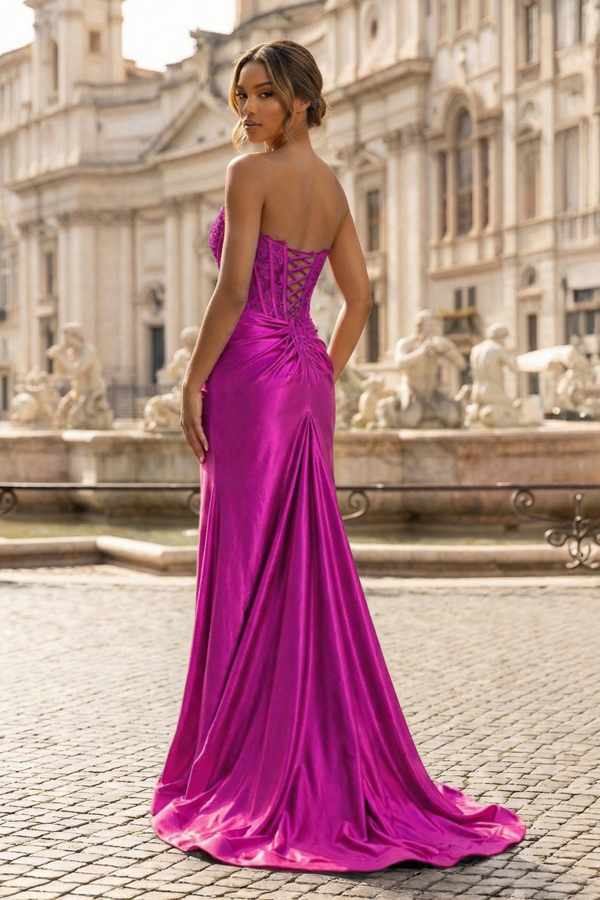 Arielle Red Sheath Strapless Corset Satin Prom Dress with Slit and Appliques Fuchsia / 10