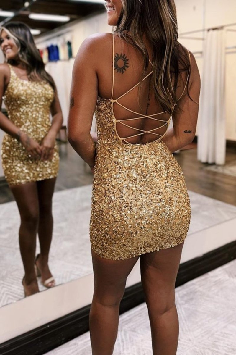 Sparkly Golden Bodycon Spagehetti Straps Sequins Lace-up Back Homecoming Dress