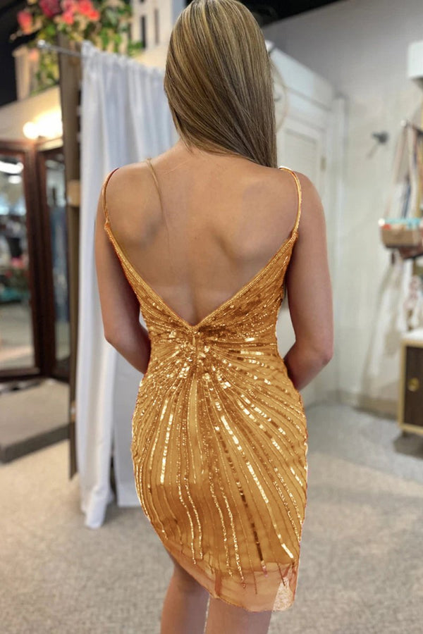 Sparkly Golden Sequined V - Neck Tight Homecoming Dress - KissProm