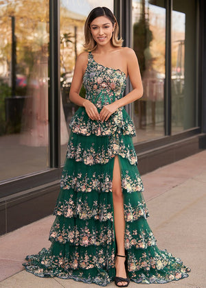 KissProm-Livia Green Sheath One Shoulder Tiered Lace Long Prom Dress