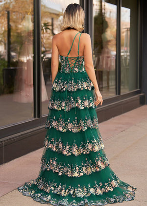KissProm-Livia Green Sheath One Shoulder Tiered Lace Long Prom Dress