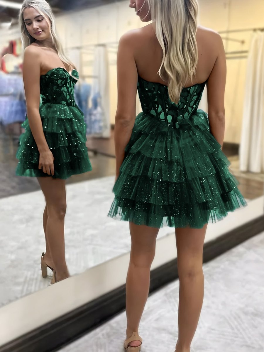 Sparkly Champagne Sweetheart A-Line Tulle Tiered Homecoming Dress