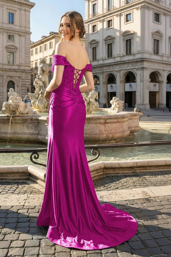 Raelyn Royal Blue Mermaid Off the Shoulder Satin Prom Dress with Slit Raelyn Royal Blue Mermaid Off the Shoulder Satin Prom Dress with Slit
