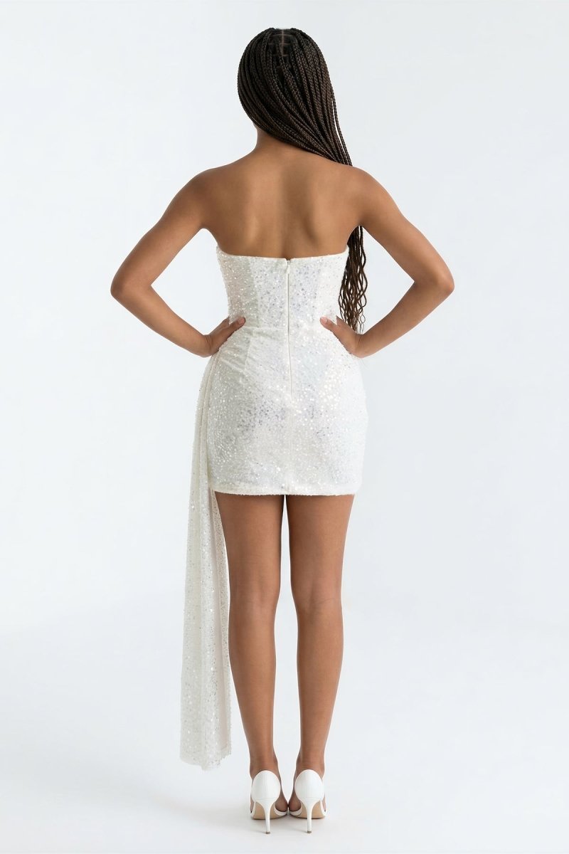 Sparkly Ivory Sequins Strapless Sheath Corset Graduation Dress - KissProm