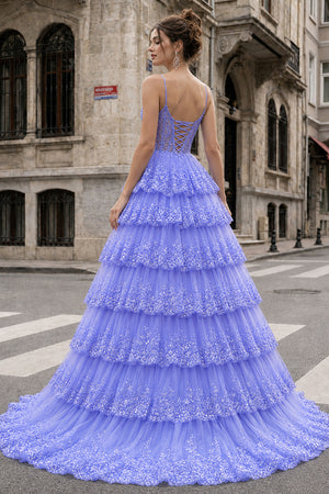 A Line Spaghetti Straps Tiered Lace Prom Dress - KissProm