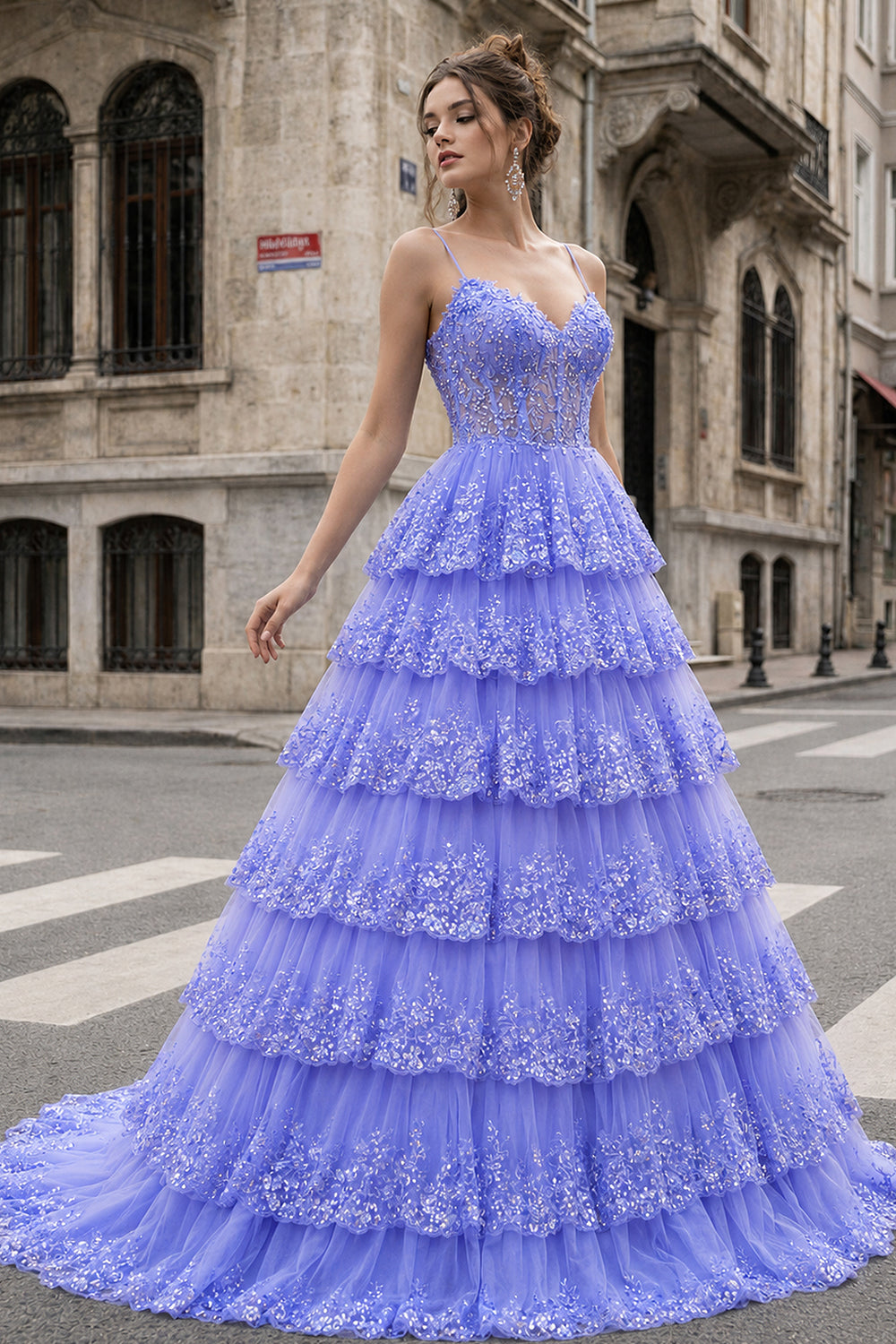 A Line Spaghetti Straps Tiered Lace Prom Dress - KissProm