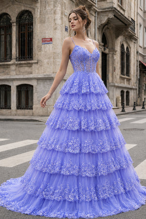 A Line Spaghetti Straps Tiered Lace Prom Dress - KissProm