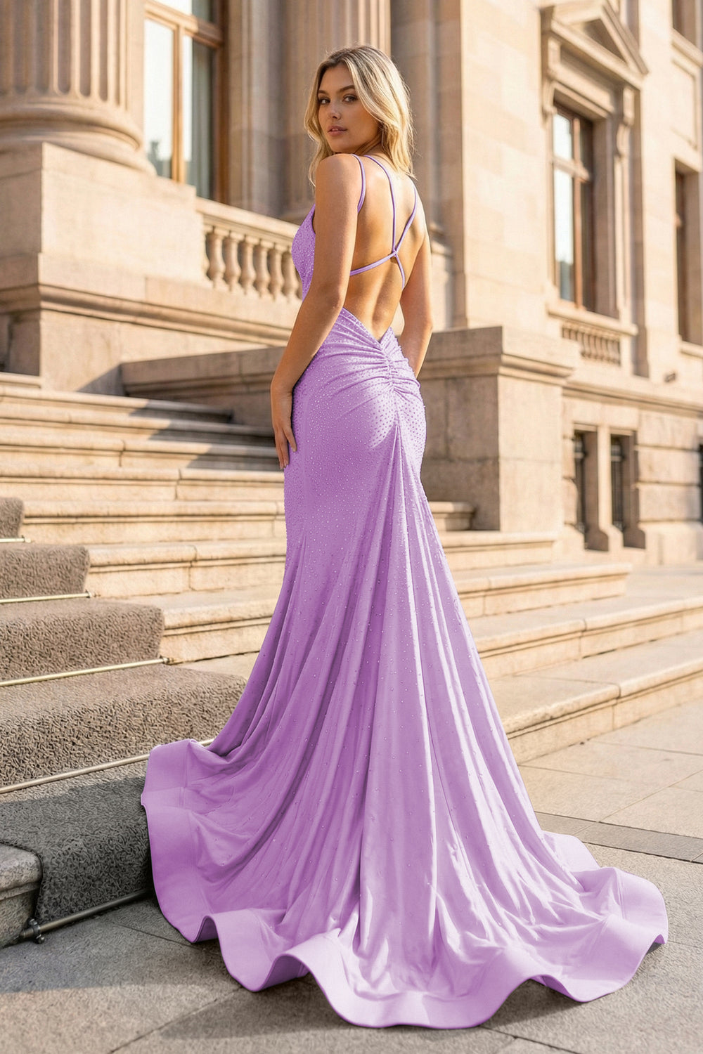 Mermaid V Neck Beaded Satin Prom Dress - KISSPROM PROM DRESSES