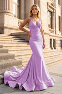 Mermaid V Neck Beaded Satin Prom Dress - KISSPROM PROM DRESSES