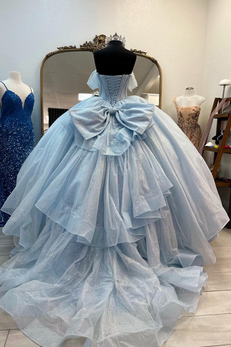 Light Blue Off-the-Shoulder Quinceaera Ball-Gown Dress with Bow Light Blue Off-the-Shoulder Quinceaera Ball-Gown Dress with Bow