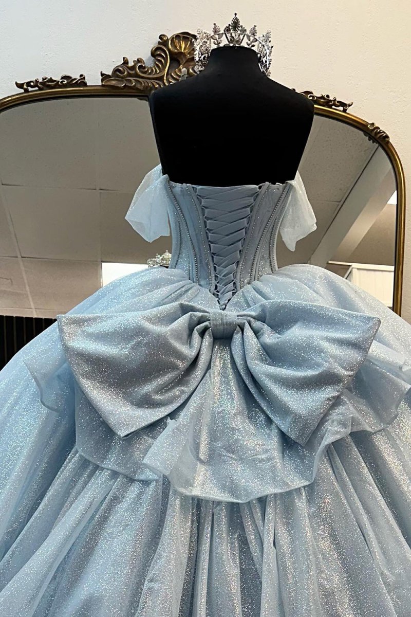 Light Blue Off the Shoulder Tulle Princess Long Corset Quinceanera Dress with Bow, Sky Blue / 6 Light Blue Off the Shoulder Tulle Princess Long Corset Quinceanera Dress with Bow, Sky Blue / 6