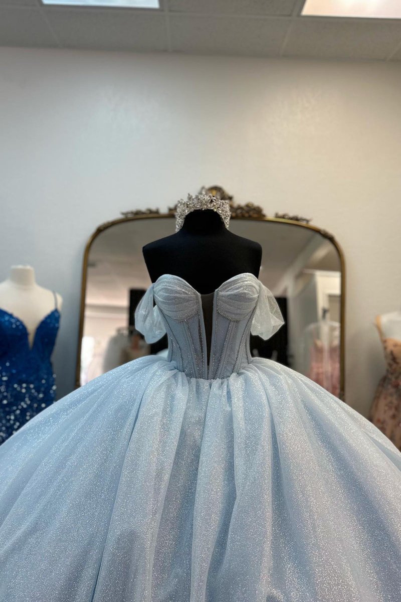 princess polly baby blue dress Luuvis Women Grey Blue Ball Gown Quinceanera Dress Beautiful A Line Off the  Shoulder Formal Dress with Beading Bowknot