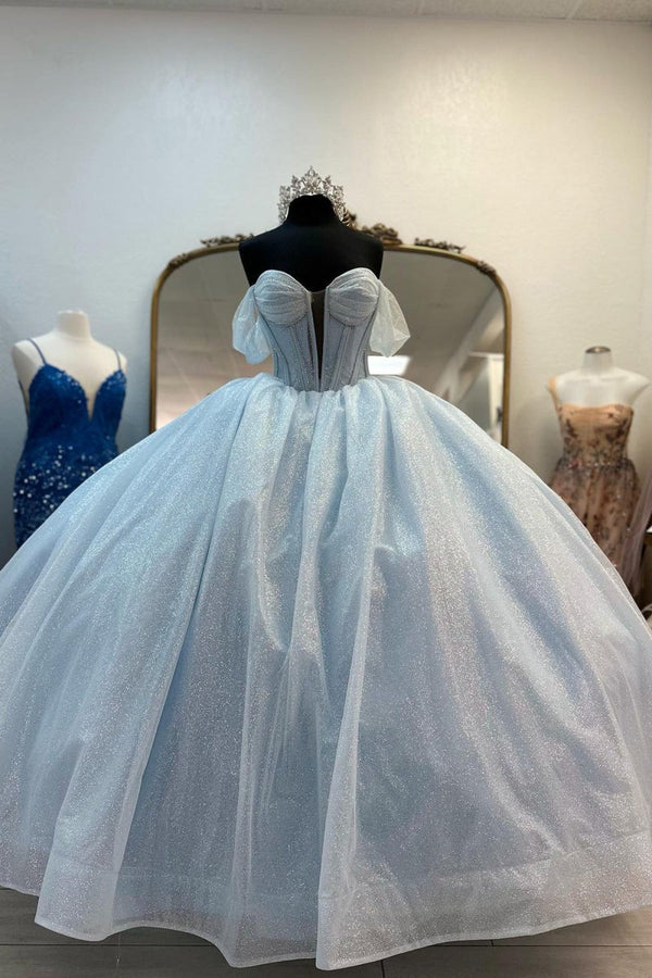Woodly | Light Blue Off the Shoulder Tulle Princess Long Corset Quinceanera Dress with Bow