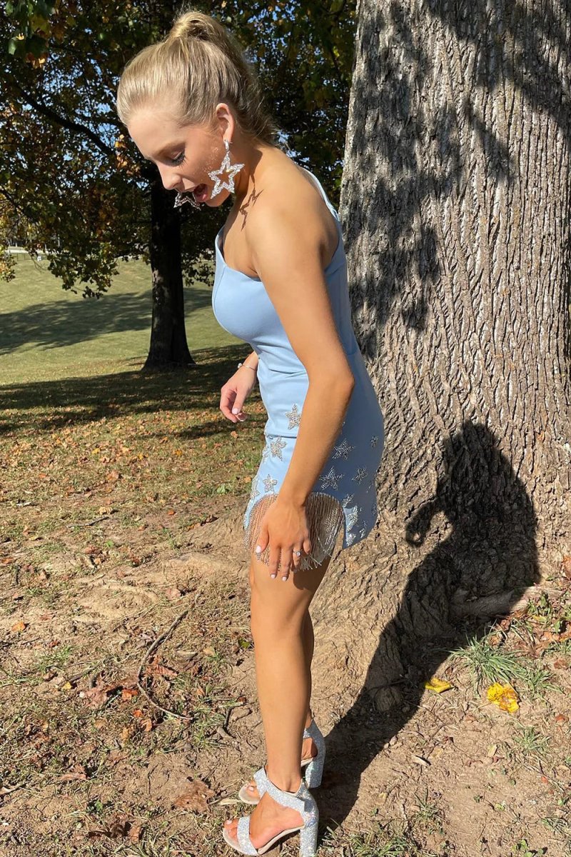 Sybilla | Sparkly Light Blue One Shoulder Stars Tight Short Homecoming Dress with Fringes