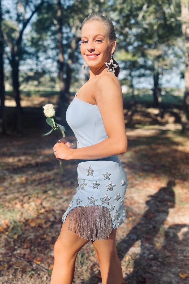 Sybilla | Sparkly Light Blue One Shoulder Stars Tight Short Homecoming Dress with Fringes