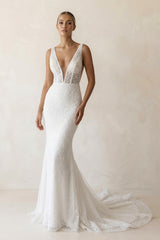 Sparkly Mermaid V Neck Sequins Lace Long Wedding Dresses