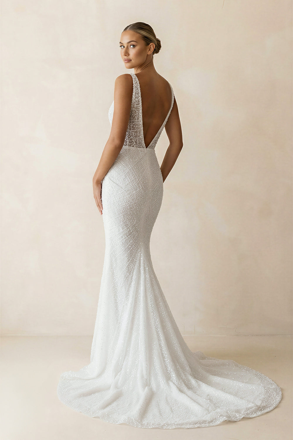 Sparkly Mermaid V Neck Sequins Lace Long Wedding Dresses