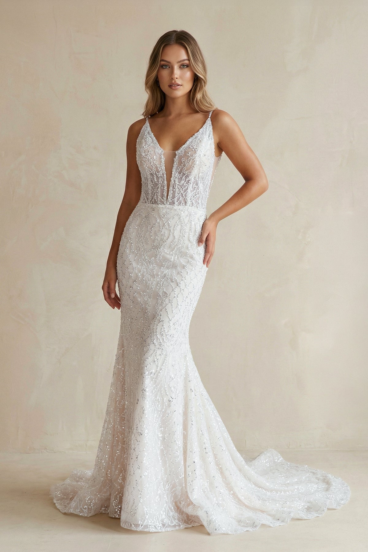 KissProm Sparkly Mermaid White Lace Backless Sweep Train Long Wedding Dress, Diamond White / 16