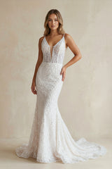 Jamie | Sparkly Mermaid White Lace Backless Sweep Train Long Wedding Dress-Wedding Dresses by KissProm | Available at KissProm