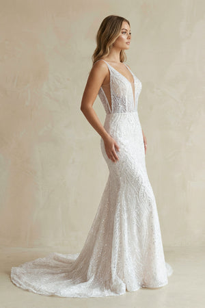 Jamie | Sparkly Mermaid White Lace Backless Sweep Train Long Wedding Dress-Wedding Dresses by KissProm | Available at KissProm