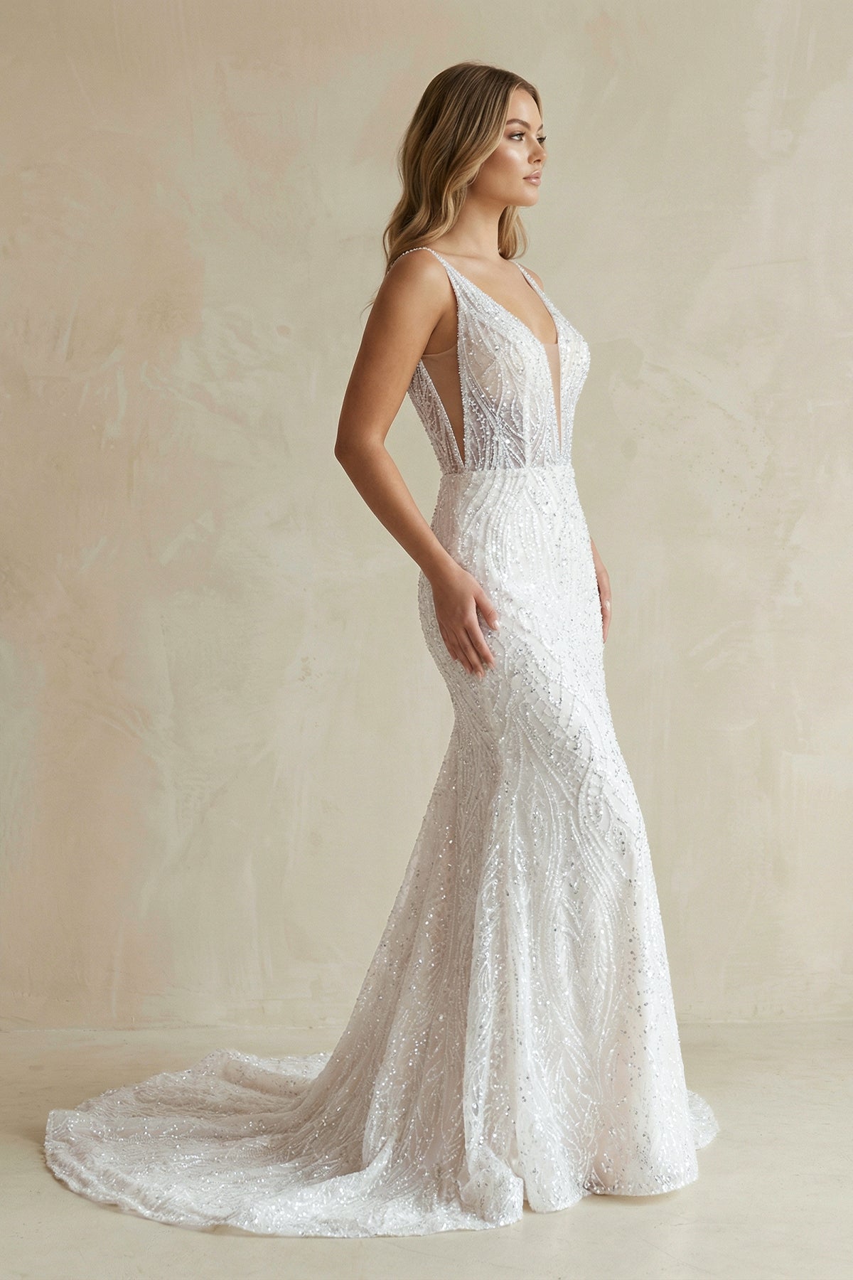 Sparkly Mermaid White Lace Backless Sweep Train Long Wedding Dress, Diamond White / 16