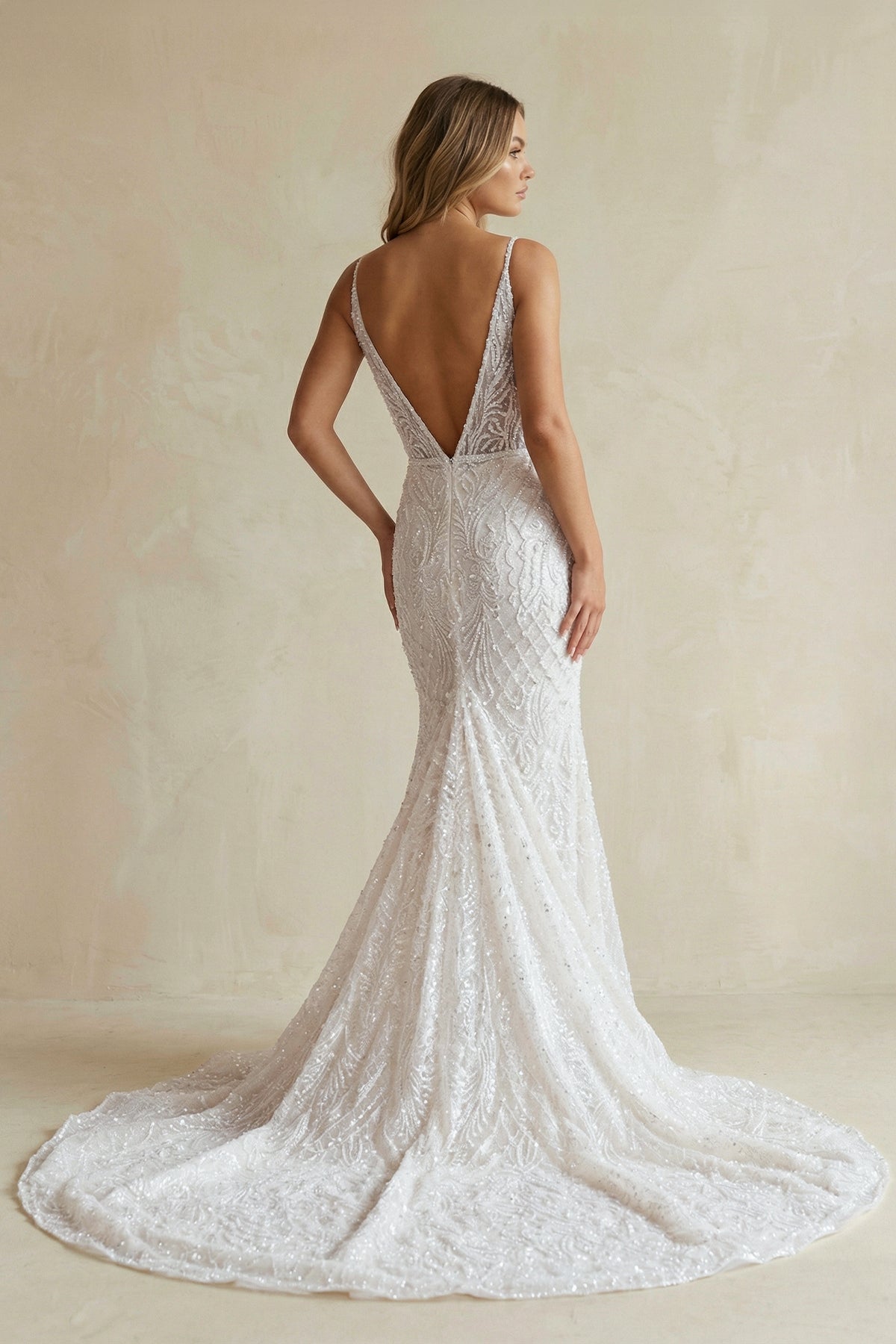 Sparkly Mermaid White Lace Backless Sweep Train Long Wedding Dress, Diamond White / 16 Sparkly Mermaid White Lace Backless Sweep Train Long Wedding Dress, Diamond White / 16