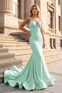 Mermaid V Neck Beaded Satin Prom Dress - KISSPROM PROM DRESSES
