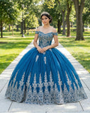 Sparkly Teal Blue Off - the - Shoulder Lace Up Back Quinceanera Dress - KissProm