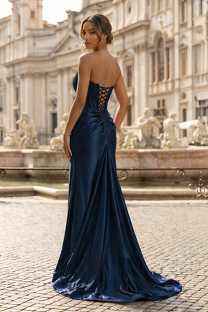 Sheath Strapless Corset Satin Prom Dress with Slit - KISSPROM PROM DRESSES