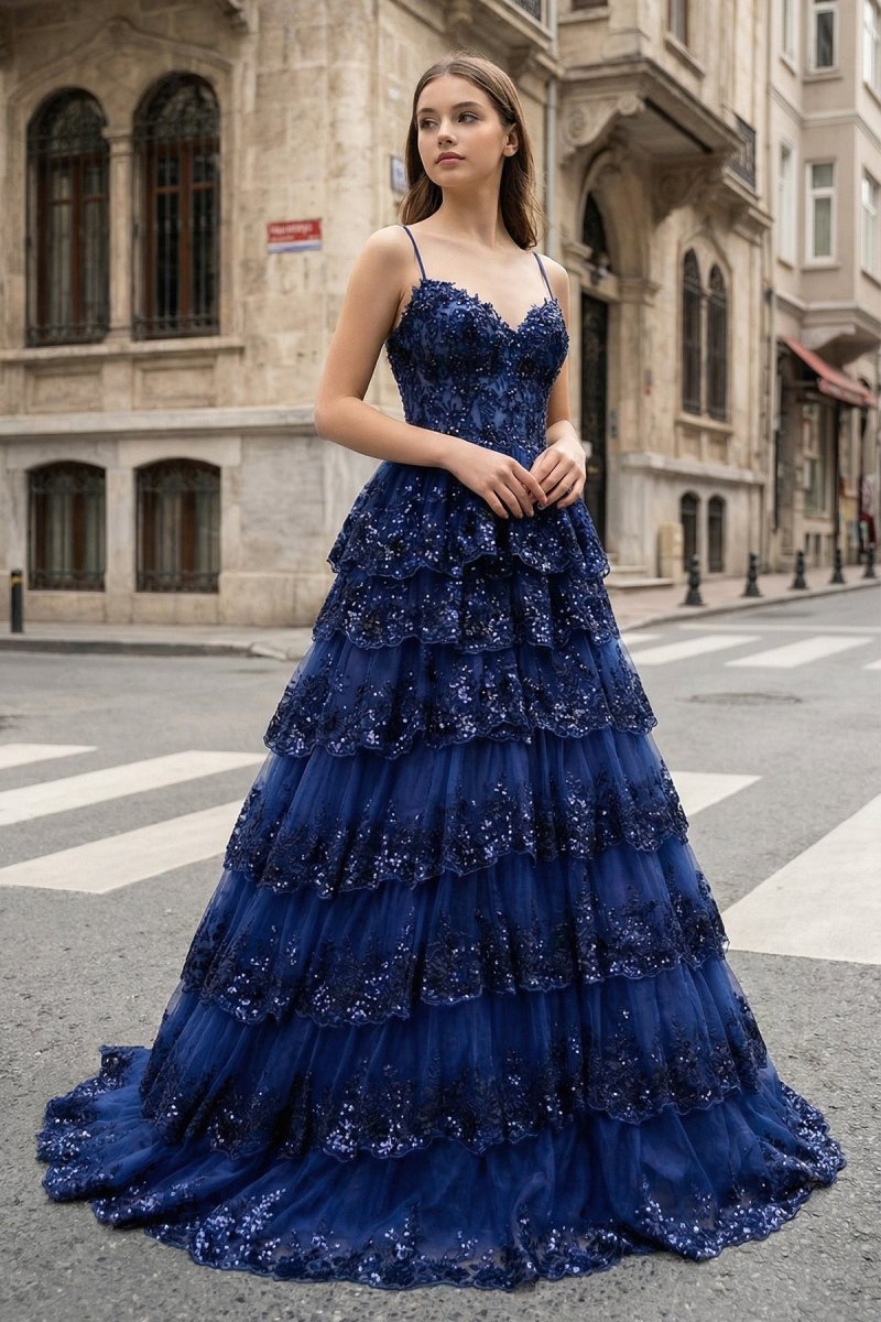 A Line Spaghetti Straps Tiered Lace Prom Dress A Line Spaghetti Straps Tiered Lace Prom Dress