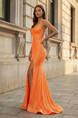Sparkly Orange Sequins Mermaid Long Prom Dress - KissProm