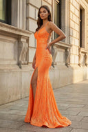 Sparkly Orange Sequins Mermaid Long Prom Dress – Dresses by KissProm | Available at KissProm