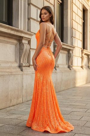 Sparkly Orange Sequins Mermaid Long Prom Dress - KissProm