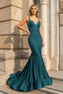 Mermaid V Neck Beaded Satin Prom Dress - KISSPROM PROM DRESSES