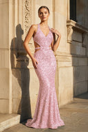 Sparkly Pink Halter Sequined Mermaid Long Party Dress | KISSPROM
